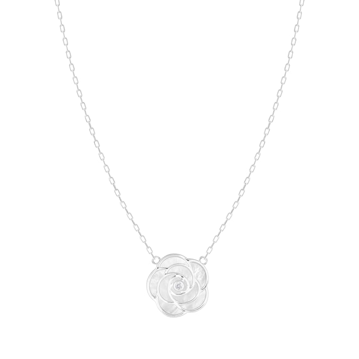 Mother of Pearl and Cubic Zirconia Rhodium Over Sterling Silver Necklace