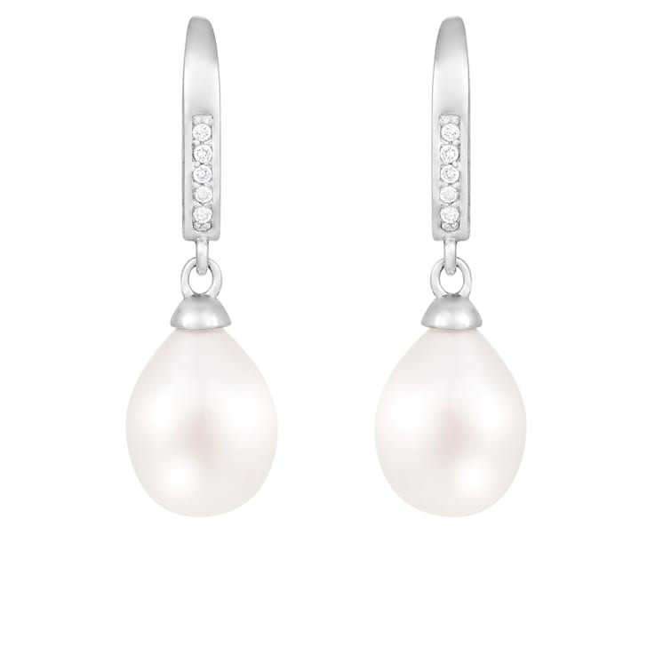 White Cultured Freshwater Pearl and Cubic Zirconia Rhodium Over Sterling
Silver 7-8mm Drop Earrings