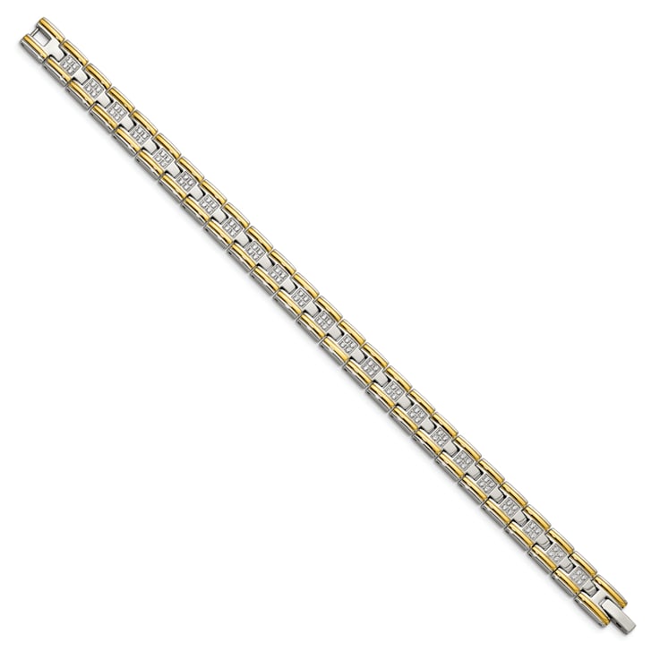 White Cubic Zirconia Stainless Steel Polished Yellow IP Plated Men's Bracelet