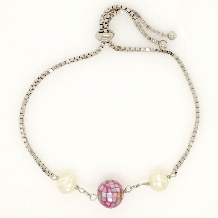 Round Pink and White Mother-Of-Pearl Sterling Silver Station Bolo Bracelet