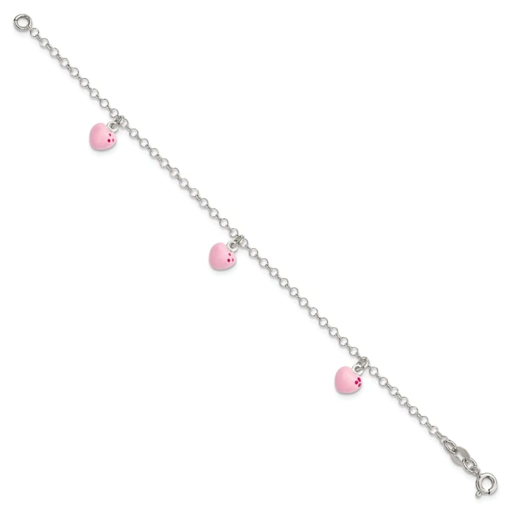 Sterling Silver Pink Enamel Hearts Children's Bracelet