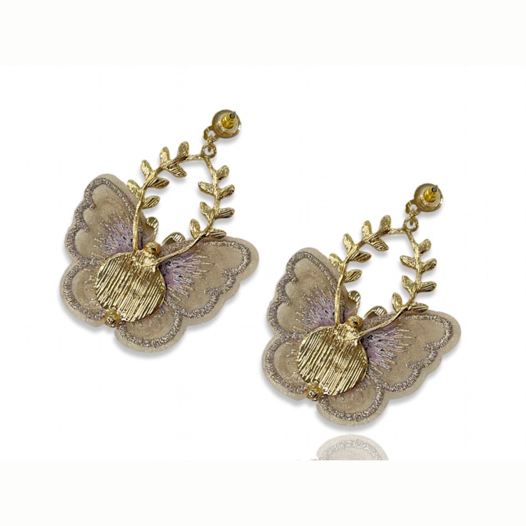 Gold Tone Neutral Tone Fabric Butterfly Earrings