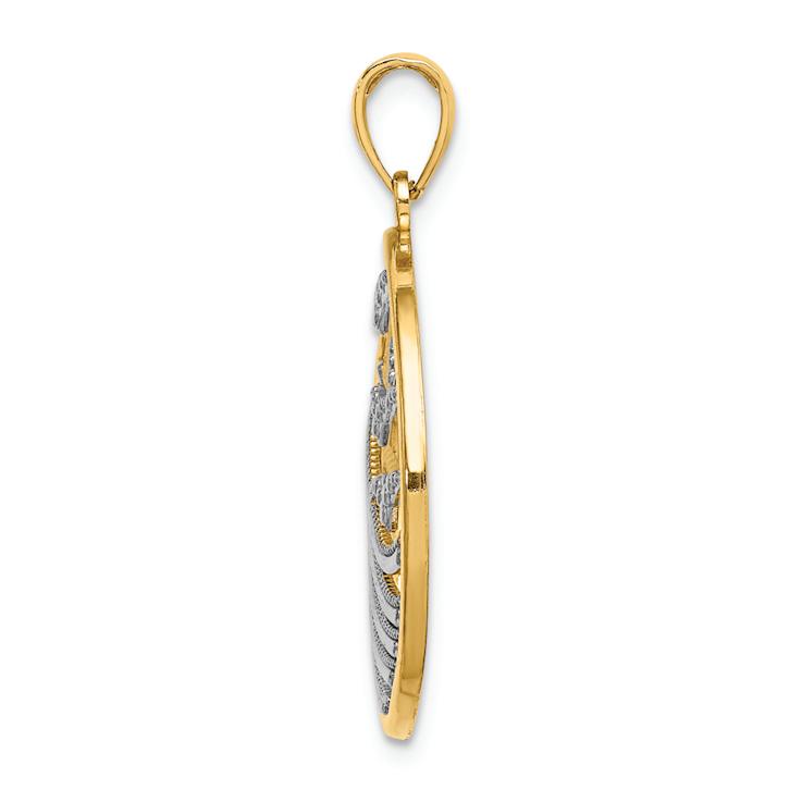14K Two-tone Gold  Textured Sunset and Seagulls In Circle Pendant