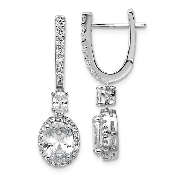 Rhodium Over Sterling Silver Fancy Oval Cubic Zirconia Halo Hinged
Dangle Earrings