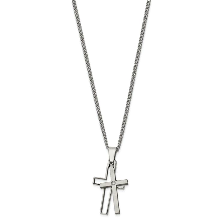 Titanium Brushed and Polished with .03ct Diamond Cross Pendant with 22
Inch Curb Chain