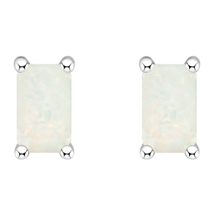 5x3mm Emerald Cut Opal 14k White Gold Stud Earrings