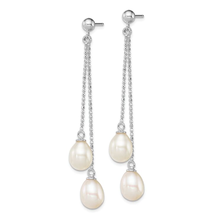 Rhodium Over Sterling Silver  7-8mm White Freshwater Cultured Pearl Post
Dangle Earrings