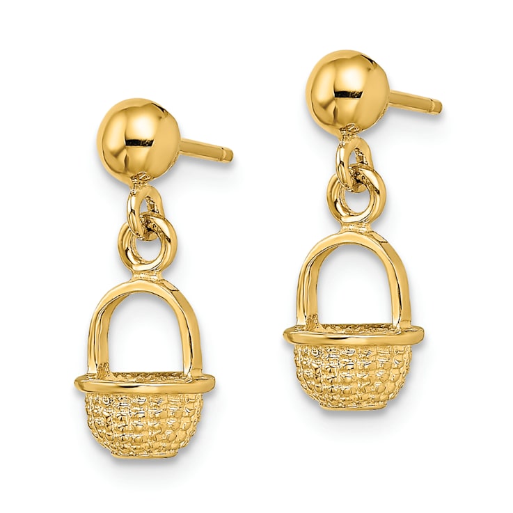 14k Yellow Gold 3D Textured Mini Basket Drop Earrings