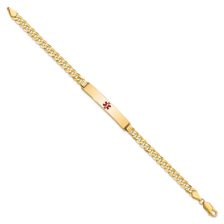 14k Yellow Gold Medical Red Enamel Flat Curb Link ID Bracelet