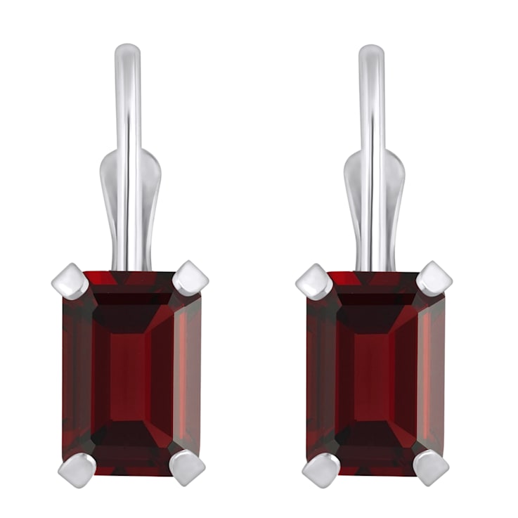 6x4mm Emerald Cut Garnet Rhodium Over 10k White Gold Drop Earrings