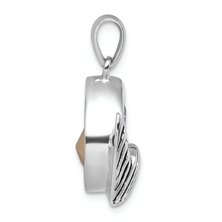 Rhodium Over Sterling Silver Polished and Antiqued Crystal Mermaid Tail Pendant