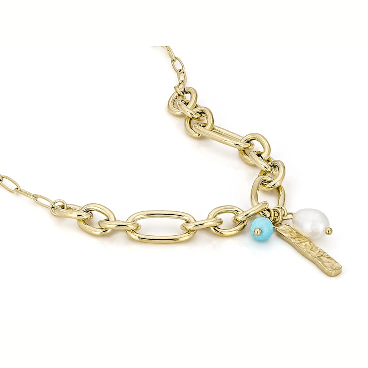 Turquoise Simulant And Freshwater Pearl Charm Necklace In Gold-Tone 18 Inch