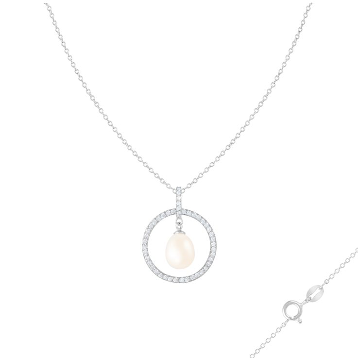 8-9mm Drop White Cultured Freshwater Pearl and CZ Rhodium Over Sterling
Silver Pendant