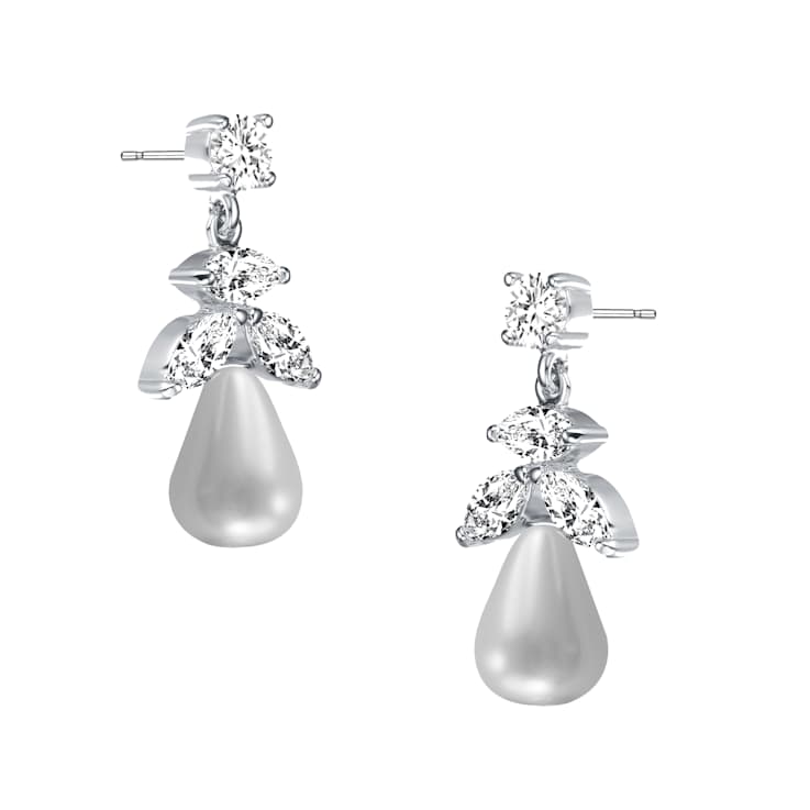 Freshwater Pearl And CZ Teardrop Drop Earrings In Sterling Silver