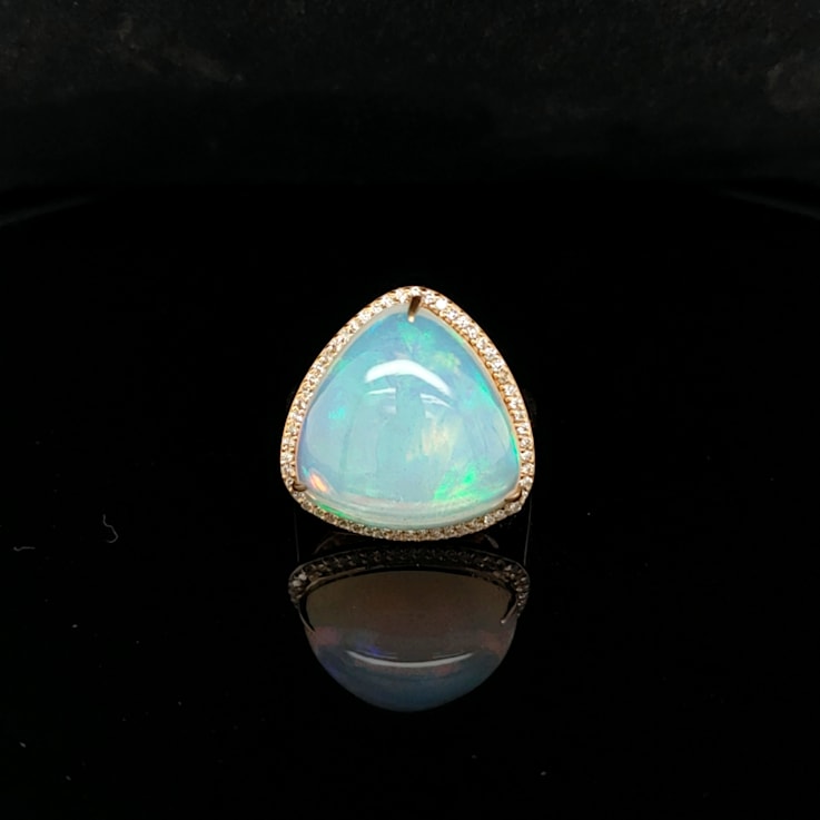 Ethiopian Opal Trillion Cabochon and Round Diamond 14K Yellow Gold Ring, 12.81ctw