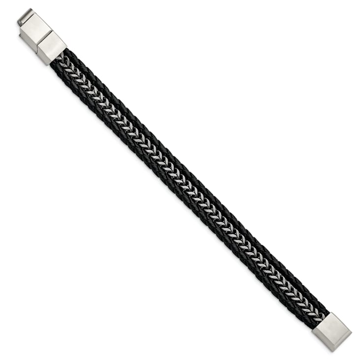 Black Leather and Stainless Steel Antiqued and Brushed 8.25-inch with
0.5-inch Extension Bracelet