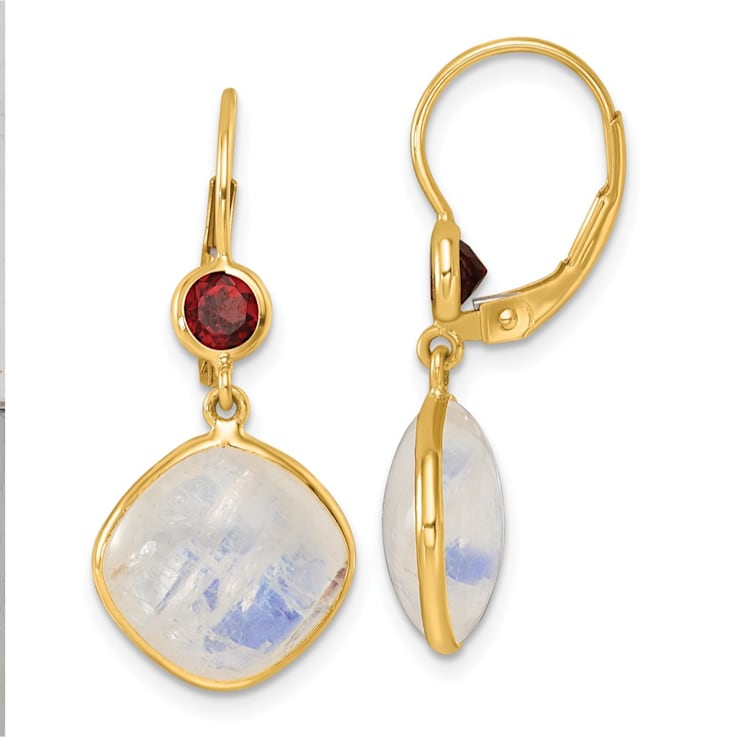 14K Yellow Gold Garnet and Moonstone Leverback Dangle Earrings
