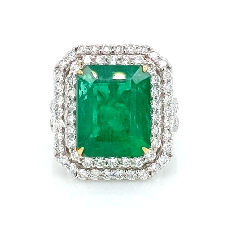 10.45 Ctw Emerald and 2.54 Ctw White Diamond Ring in 18K 2-Tone
