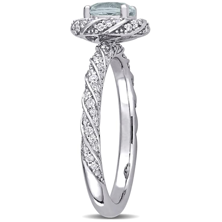 Aquamarine and Diamond 14K White Gold Halo Ring 0.84ctw