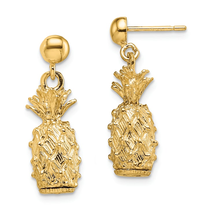 14k Yellow Gold Textured 3D Pineapple Dangle Earrings