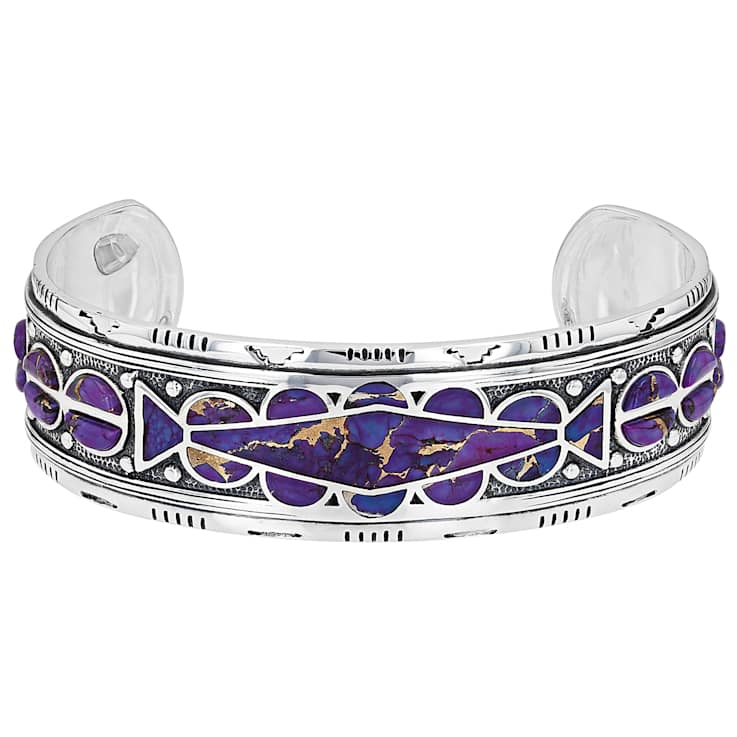Purple Turquoise Inlay Oxidized Cuff Bracelet In Sterling Silver