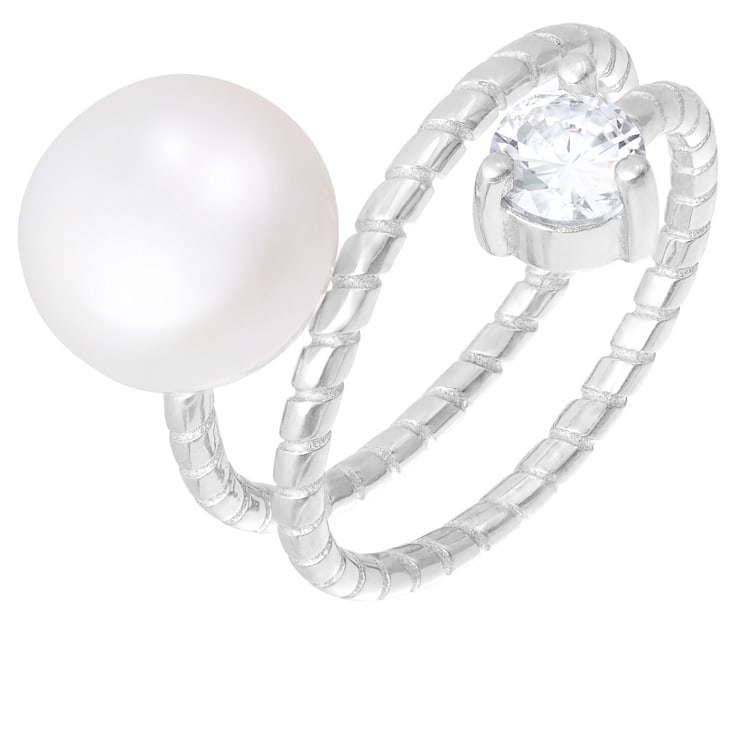 White Cultured Freshwater Pearl Rhodium Over Silver Ring