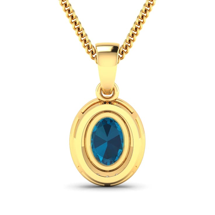 1.10ctw 14K Yellow Gold Blue London Blue Topaz and White Diamond Pendant
with 18 inch Cable Chain