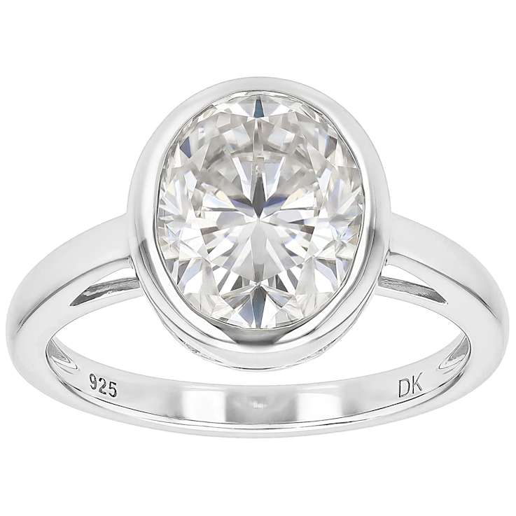 Bezel Set Oval Moissanite Solitaire Ring In Platinum-Enhanced Sterling Silver
