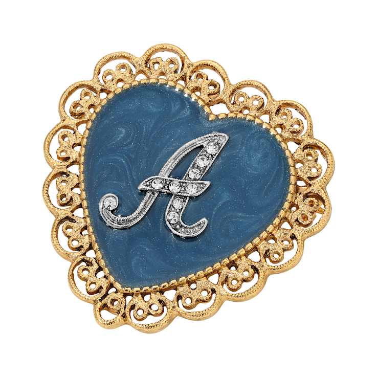 Gold Tone Filigree Heart Blue Enamel Initial Pin