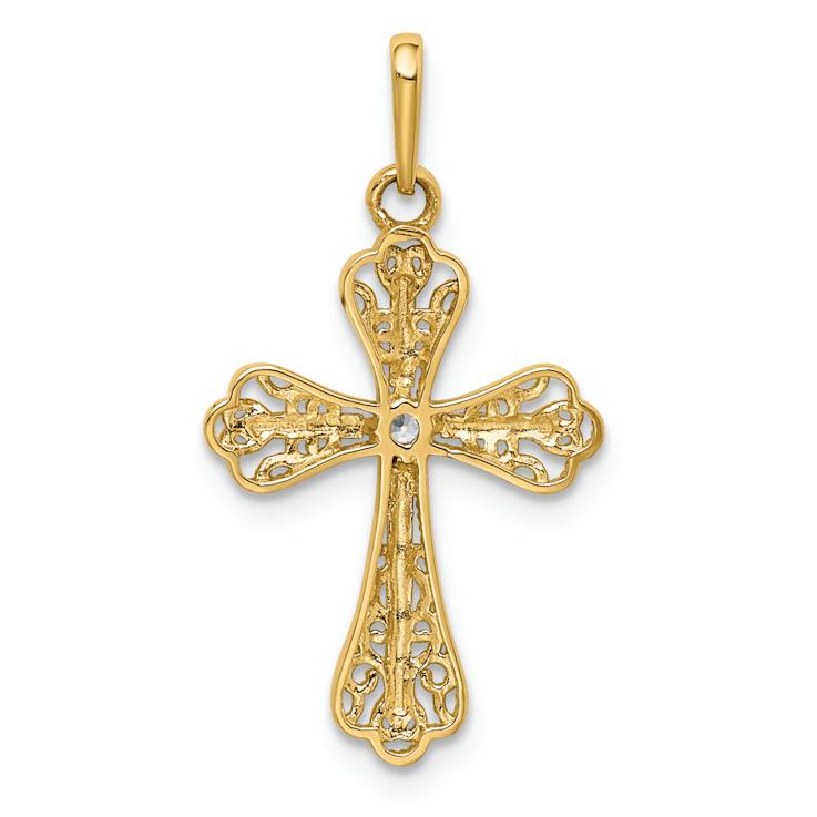 14K Two-tone Gold  Textured Cubic Zirconia Cross Pendant