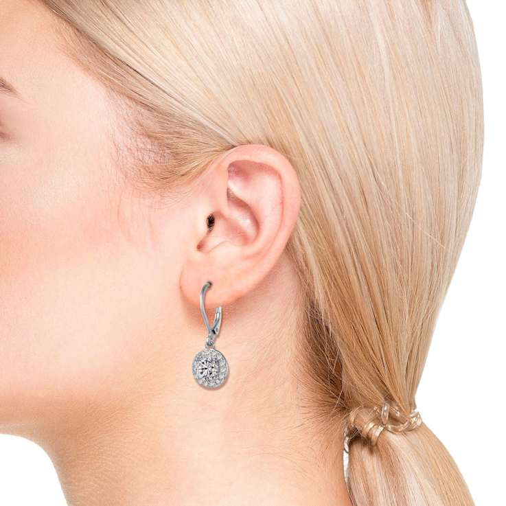 CZ Halo Drop Earrings In White Rhodium Over Brass