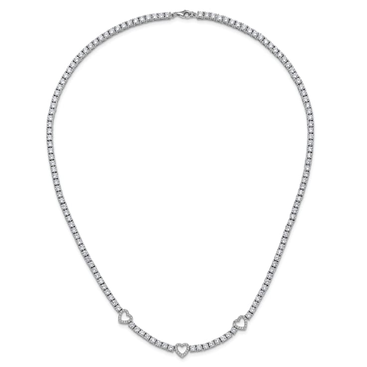 Rhodium Over Sterling Silver Cubic Zirconia Hearts Necklace
