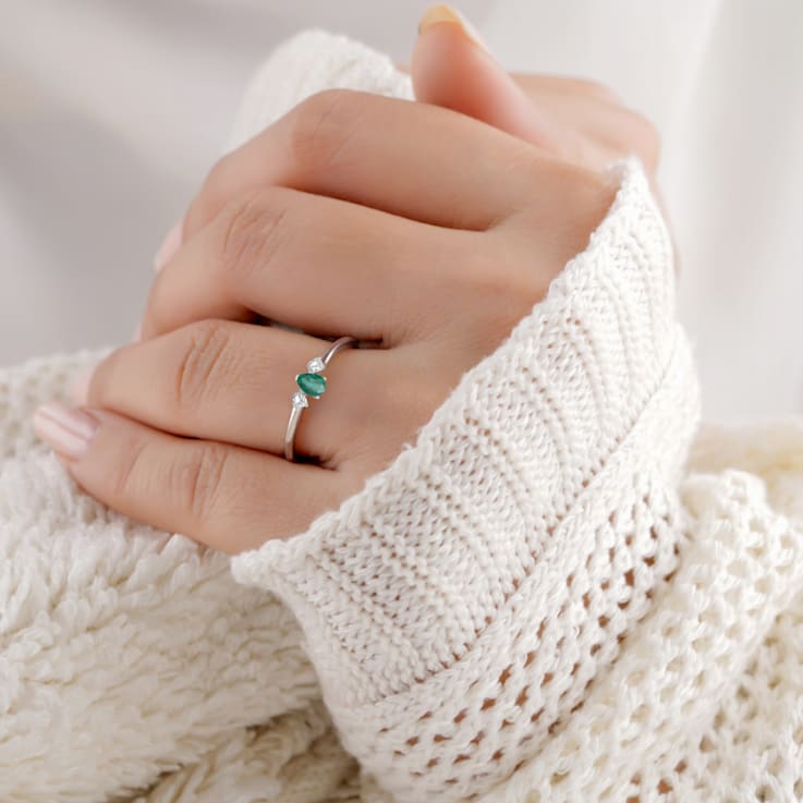 Emerald with White Sapphire Accents Sterling Silver Ring, 0.62ctw