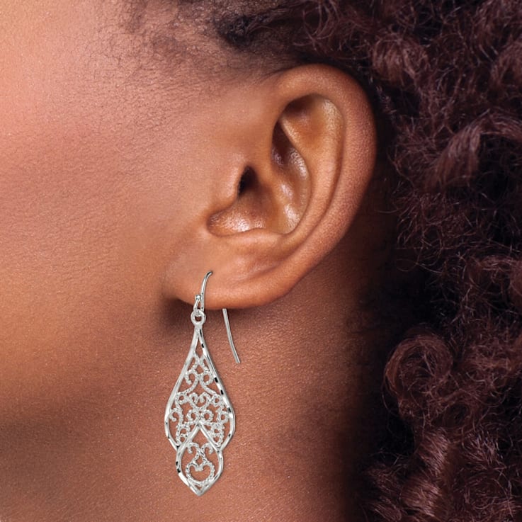 Sterling Silver Polished and Diamond-cut Fancy Filigree Dangle Earrings