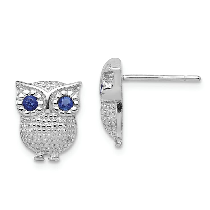Rhodium Over Sterling Silver Blue Glass Owl Post Earrings