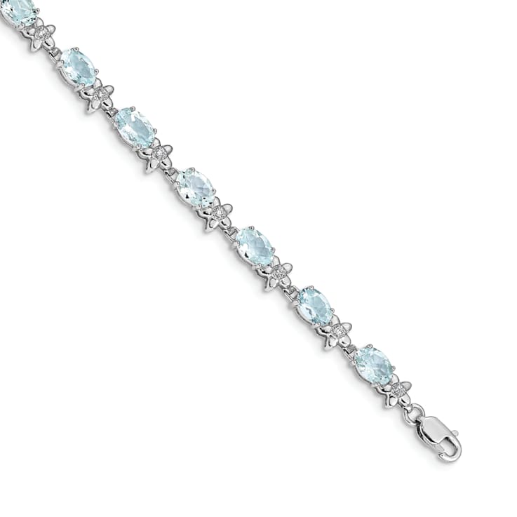 Rhodium Over 14k White Gold Floral Diamond and Aquamarine Bracelet