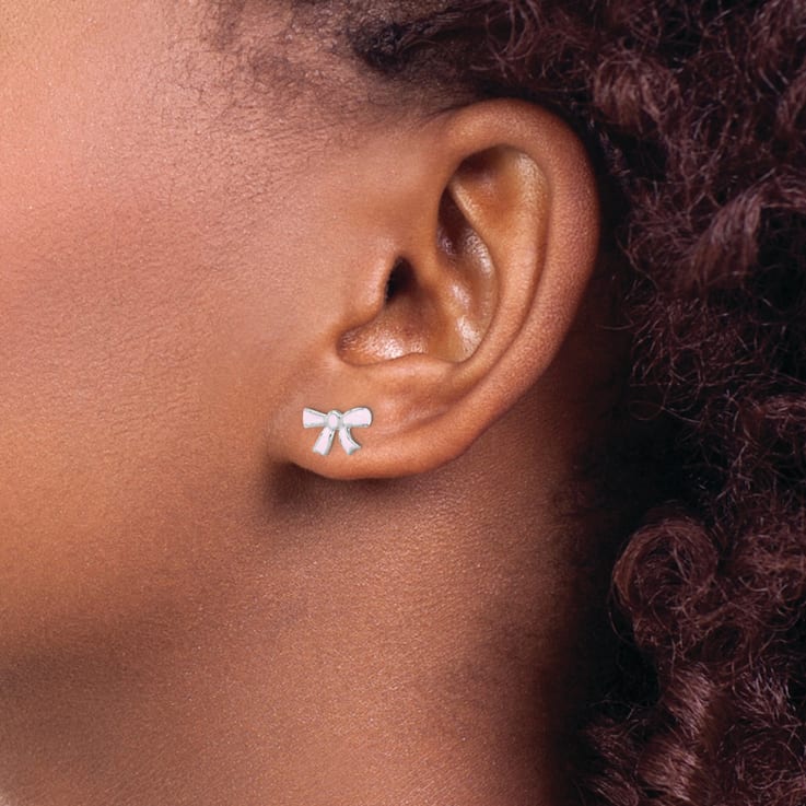 Rhodium Over Sterling Silver Pink Enamel Bow Children's Post Earrings