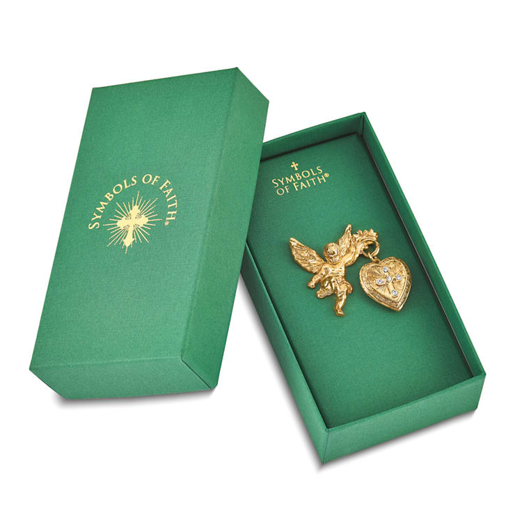 Symbols Of Faith Gold-tone Angel with 20mm Dangle Heart Crystal Cross
Locket Brooch Pin