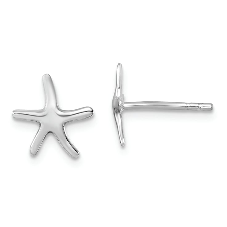 Rhodium Over Sterling Silver Small Pointed Star Fish Post Earrings