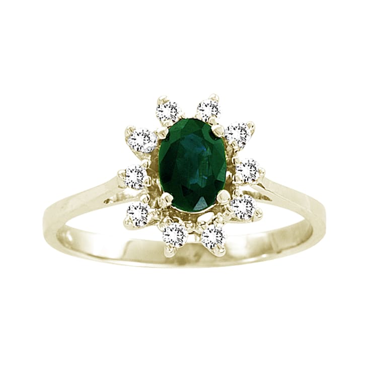 0.61ctw Oval Emerald and Diamond Halo Ring in 14k Yellow Gold