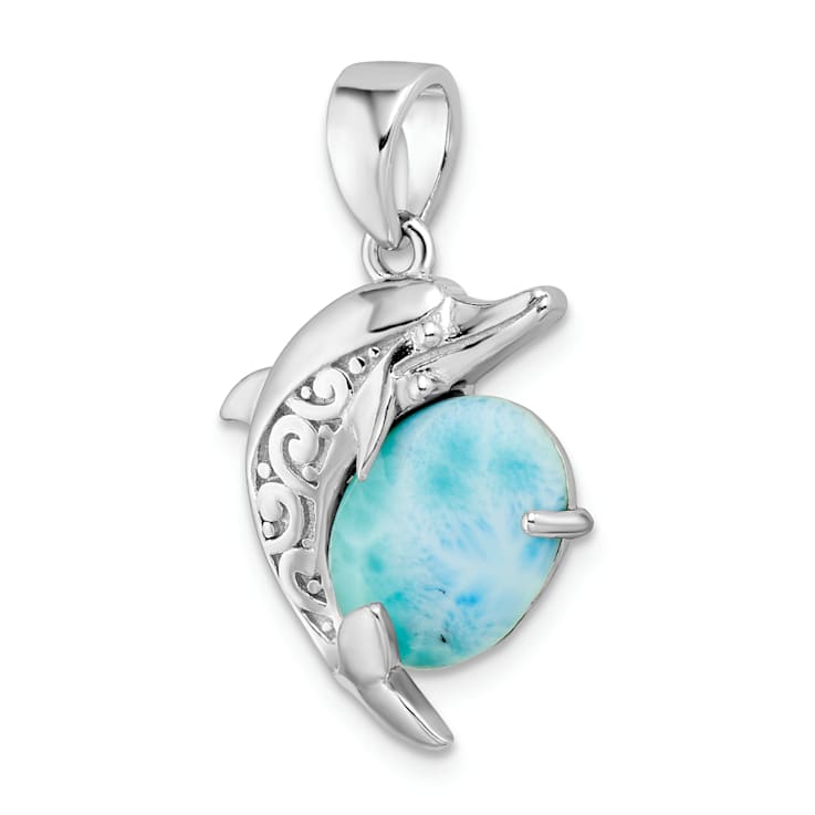 Rhodium Over Sterling Silver Polished Filigree Dolphin Larimar Pendant