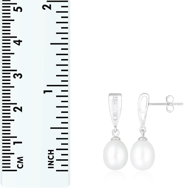 7-8mm White Cultured Freshwater Pearl and Cubic Zirconia Rhodium Over
Sterling Silver Earrings