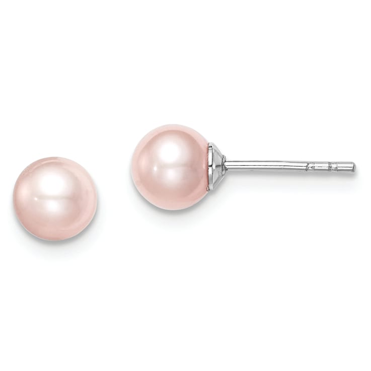 Rhodium Over Sterling Silver 5-6mm Pink Round FWC Pearl Stud Earrings