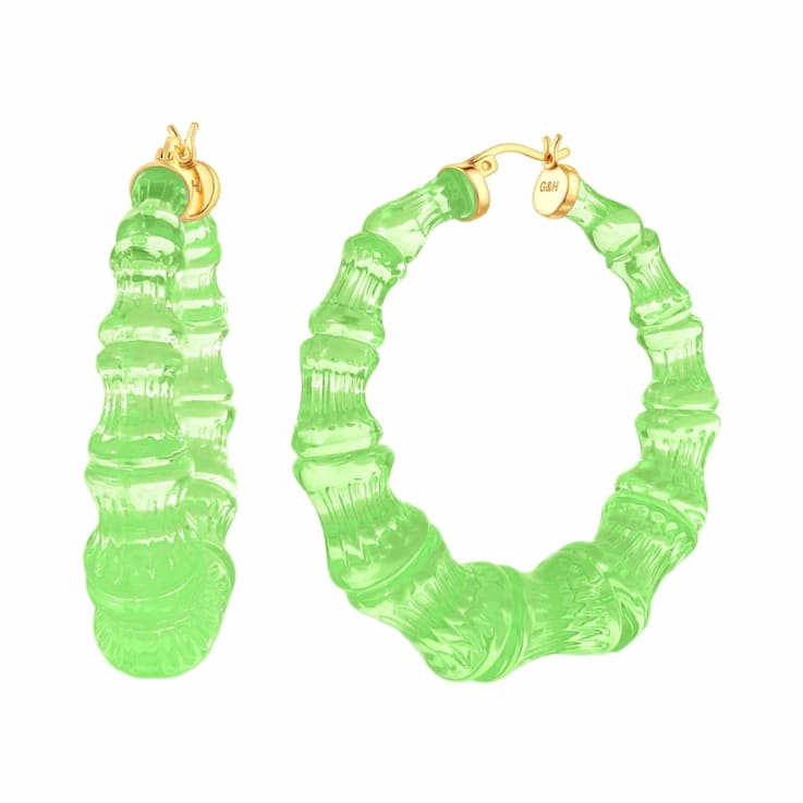 14K Yellow Gold Over Sterling Silver Bamboo Acrylic Hoops in Lime
