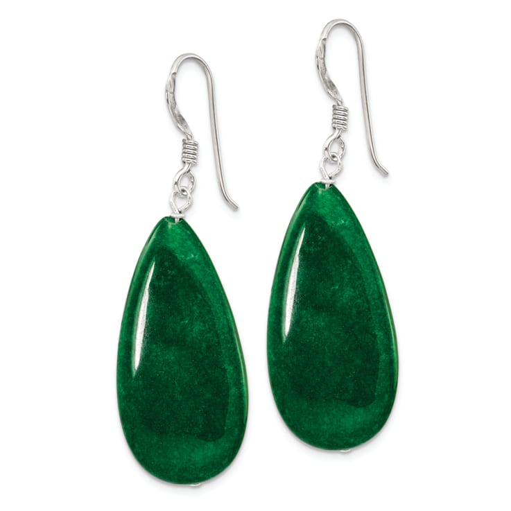 Sterling Silver Polished Green Jadeite Teardrop Dangle Earrings