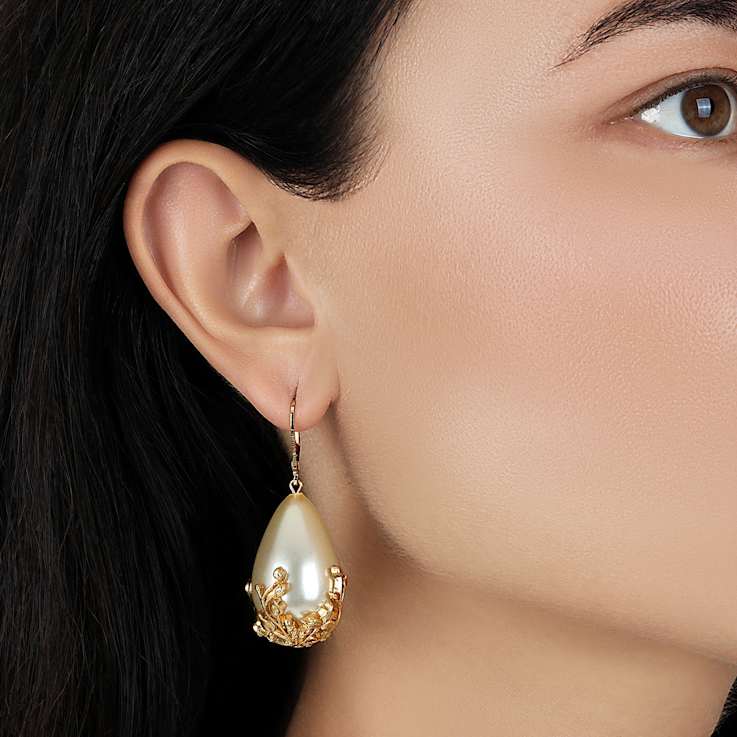 Gold Tone Faux Pearl & Gold Bead Drop Leverback Earrings