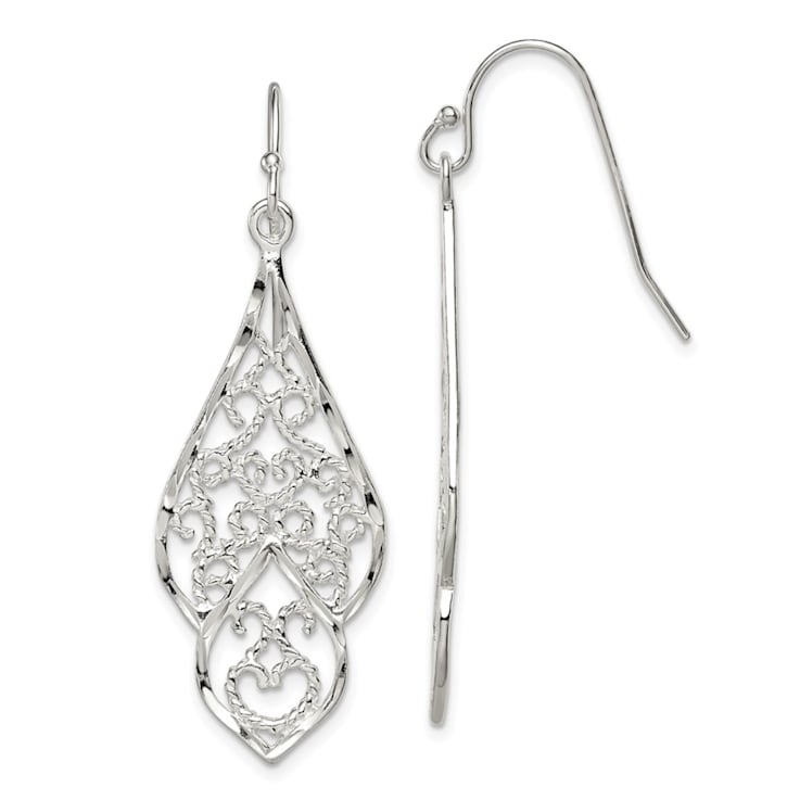 Sterling Silver Polished and Diamond-cut Fancy Filigree Dangle Earrings