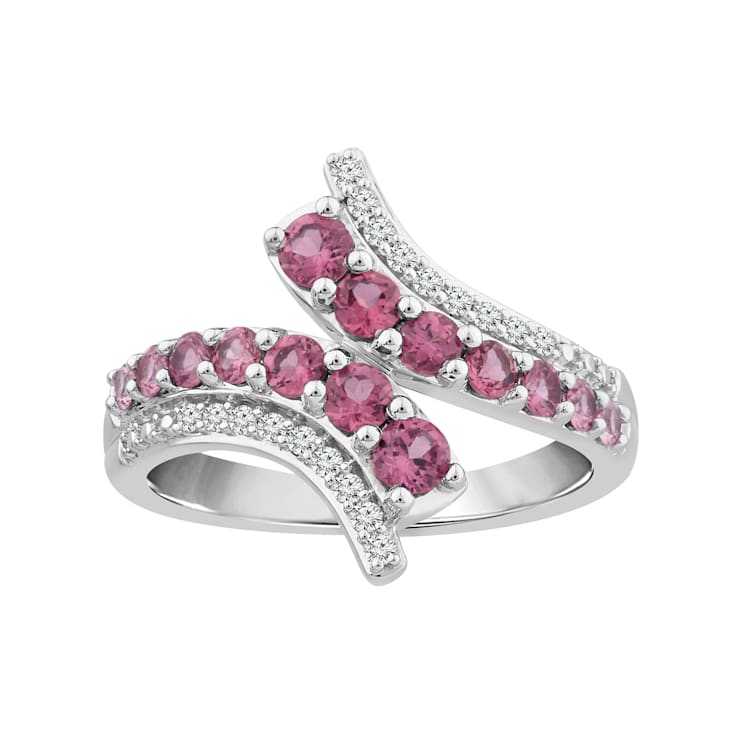 Round Pink Garnet and White Diamond Sterling Silver Ring 1.18ctw