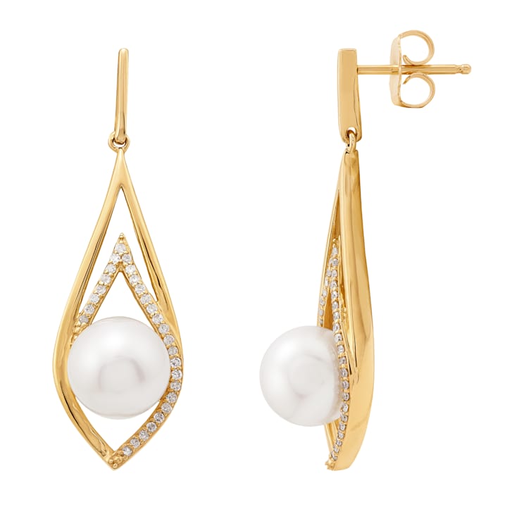 8-8.5mm Round White Freshwater Pearl with 0.17ctw Diamond 10K Yellow
Gold Drop Earrings
