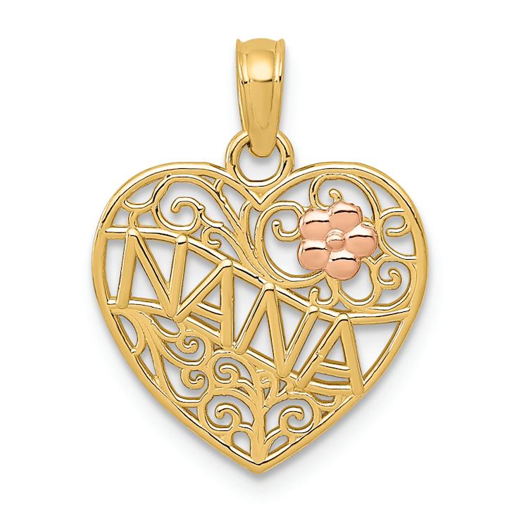 14K Two-tone Gold  Polished Nana with Flower on Heart Pendant